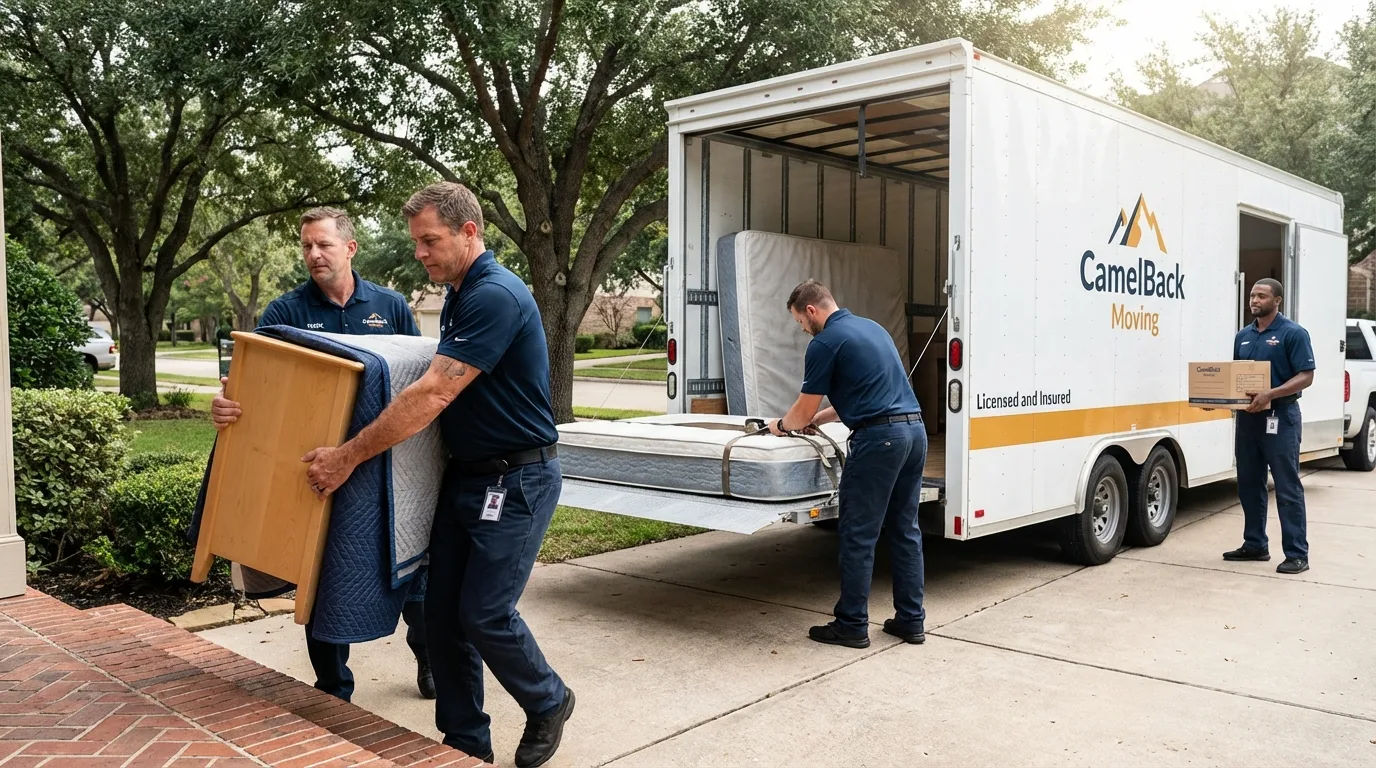 Crew loading residential truck for cross-state move from Palm Desert, CA
