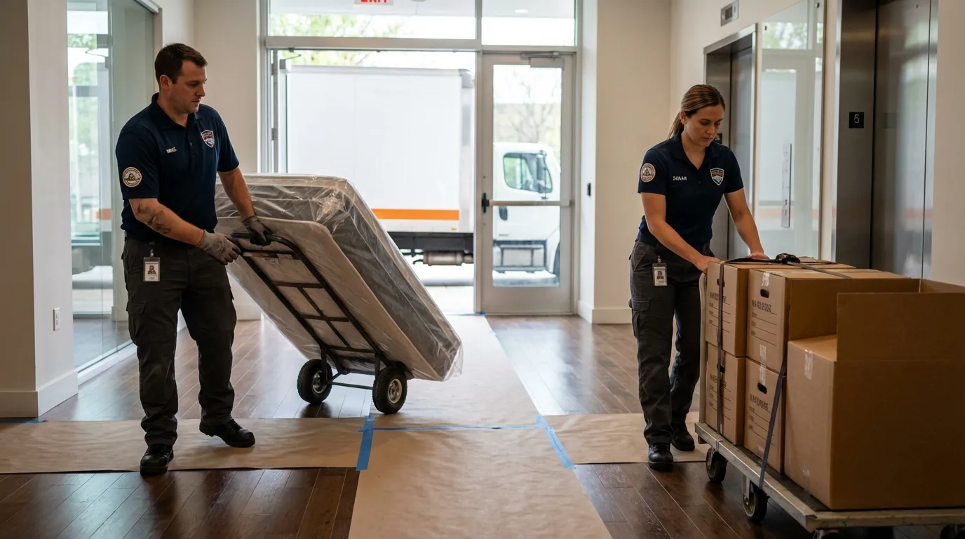 Professional apartment movers loading elevator in Palm Desert, CA
